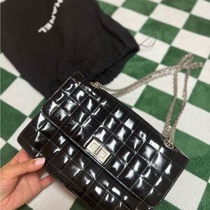 CHANEL 2.55 Medium Vintage Black Patent Quilted Shoulder Bag with Silver Chain